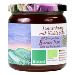 Glas Tannenhonig mit Fichtenanteil von Bienen Trax, Seitenansicht mit Etikett im Nachthimmel-Design