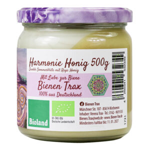 Glas Harmoniehonig 500g von Bienen Trax, Nahaufnahme des Frontetiketts