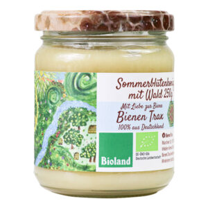 Glas Sommerblütenhonig mit Wald 250g von Bienen Trax, Etikett Frontansicht