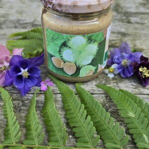 Glas Haselnuss im Honig von Bienen Trax im Freien, brauner Deckel dekoriert mit lila und rosa Blüten