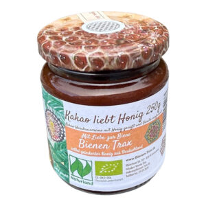 Glas Kakao liebt Honig 250g von Bienen Trax mit Frontetikett, Naturland- und EU-Bio-Siegel