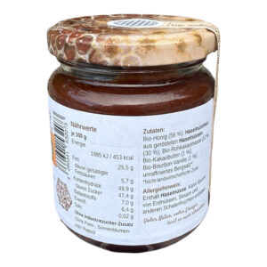 Rückseite Kakao liebt Honig 250g von Bienen Trax mit Zutaten, Nährwerten und Allergiehinweis