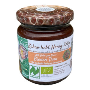 Glas Kakao liebt Honig 250g von Bienen Trax, Ansicht von oben mit Wabenmuster-Deckel